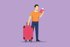 Cartoon flat style drawing of man reading textbook. Smart male student standing with open book in hands and suitcase. Enthusiastic reader for educational and hobby. Graphic design vector illustration