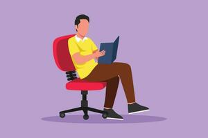 Character flat drawing modern young man reading book sitting in chair. Smart male reader enjoying literature, studying, preparing for exam in library at university. Cartoon design vector illustration