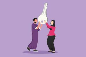 Cartoon flat style drawing businessman, businesswoman lift up big key, symbol of success. Arabian male and female hold together key. Partnership can lead to success. Graphic design vector illustration