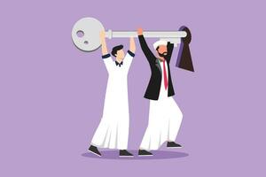 Cartoon flat style drawing business key concept with two Arab male wearing robe while lifting and inserting huge key to keyhole. Active businessman movement forward. Graphic design vector illustration