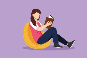 Graphic flat design drawing girl on sofa in room reading book, having rest. Young woman reads book on couch at cozy home. Girl sitting on sofa, reading book, resting. Cartoon style vector illustration