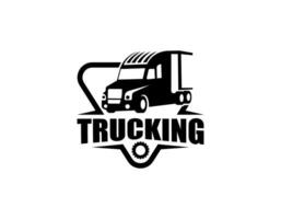 camión remolque transporte logística, entrega, expresar, carga compañía, rápido envío, diseño modelo logo ilustración silueta, emblema aislado en oscuro fondo, negro vector