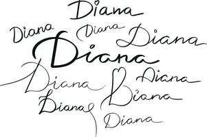 Female name Diana written in different scripts. Girls name Handwritten lettering calligraphy typescript. Vector art