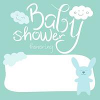 Baby shower invitation card. Honoring mommy to be. Cute little bunny and clouds vector