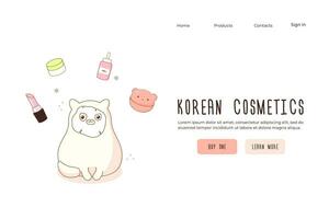 web pancartas concepto sitio web coreano productos cosméticos linda kawaii gato vector