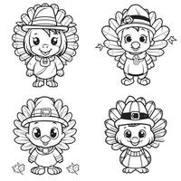 turkey thankgiving kawaii character coloring page vector