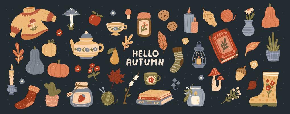 Warmth of Autumn - Complete Vector Set of Cozy Design Elements. Fall Twigs, Foliage, Pumpkins, Sweater, and More. Colorful Flat Illustration Isolated