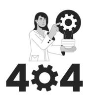 Mechanics science black white error 404 flash message. Busy woman turns cogwheel. Monochrome empty state ui design. Page not found popup cartoon image. Vector flat outline illustration concept