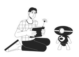 Robotics engineer bw concept vector spot illustration. Man with wireless console testing robot 2D cartoon flat line monochromatic character for web UI design. Editable isolated outline hero image