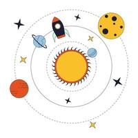 Solar system flat line concept vector spot illustration. Rocket science. Spaceship in cosmos. 2D cartoon outline objects for web UI design. Editable isolated color hero image