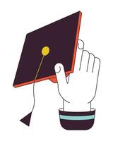 Holding mortarboard hat flat line color vector character hand. Editable outline person body part on white. Absolwent. Throwing graduation cap simple cartoon spot illustration for web graphic design