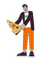 Happy man holding pizza slice flat line color vector character. Editable outline full body person on white. Online food ordering simple cartoon spot illustration for web graphic design