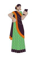 Indian woman in sari using gadget flat line color vector character. Editable outline full body person on white. Online buying ticket simple cartoon spot illustration for web graphic design