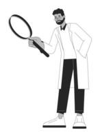 Indian scientist with magnifying glass flat line black white vector character. Science research. Editable outline full body person. Simple cartoon isolated spot illustration for web graphic design