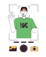 Man showing v sign and taking photo flat line color vector character. Editable outline full body person on white. Selfie simple cartoon spot illustration for web graphic design