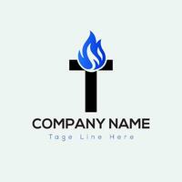 Blue Fire Logo On Letter T Template. Blue Fire On T Letter, Initial Fire Sign Concept vector