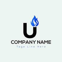 Blue Fire Logo On Letter U Template. Blue Fire On U Letter, Initial Fire Sign Concept vector