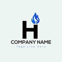 Blue Fire Logo On Letter H Template. Blue Fire On H Letter, Initial Fire Sign Concept vector