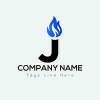 Blue Fire Logo On Letter J Template. Blue Fire On J Letter, Initial Fire Sign Concept vector