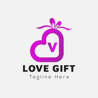 Love Gift Logo On Letter V Template. Gift On V Letter, Initial Gift Sign Concept vector