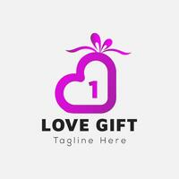 Love Gift Logo On Letter 1 Template. Gift On 1 Letter, Initial Gift Sign Concept vector