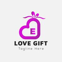 Love Gift Logo On Letter E Template. Gift On E Letter, Initial Gift Sign Concept vector