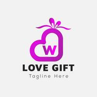 Love Gift Logo On Letter W Template. Gift On W Letter, Initial Gift Sign Concept vector