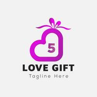 Love Gift Logo On Letter 5 Template. Gift On 5 Letter, Initial Gift Sign Concept vector