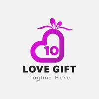 Love Gift Logo On Letter 10 Template. Gift On 10 Letter, Initial Gift Sign Concept vector