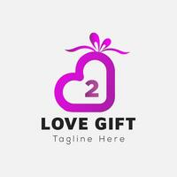 Love Gift Logo On Letter 2 Template. Gift On 2 Letter, Initial Gift Sign Concept vector