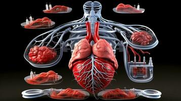 3d ilustración Bosquejo de el humano Organo sistema, anatomía, nervioso, circulatorio, digestivo, excretorio, urinario, y hueso sistemas médico educación concepto, generativo ai ilustración foto