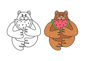 Bear with watermelon. Coloring page for kids. Vector isolated illustration.