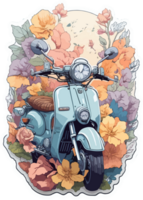 klassiek scooter illustratie sticker met bloem verspreidt ai generatief png