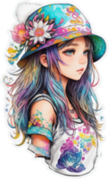 hermosa niña ilustración con untado flores ai generativo png