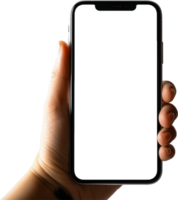 Mockup ima hands holding black smartphone with blank screen AI generated png