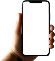 Mockup ima hands holding black smartphone with blank screen AI generated png