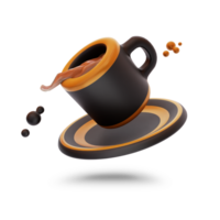 Isolated coffee spills on a transparent background. Floating cup spilling hot chocolate. Icon with cute style 3D rendering png