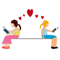 Two women are loving by mobile phone. Flat Cartoon png