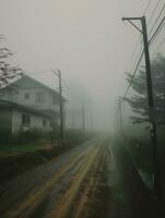 ai generativo niebla en país la carretera con arboles junto a foto