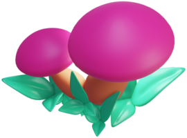 3D illustration render toy magic pink mushrooms with green leaves on transparent background png