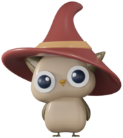 3D illustration render character bird beige owl in brown hat on transparent background png