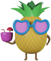 3D illustration render character yellow fruit pineapple in sunglasses with cocktail on transparent background png