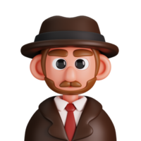 porträtt av en årgång detektiv- med mustasch och hatt isolerat. grundläggande arbetare avatar ikoner. tecken för social media, användare profil, hemsida och app. 3d framställa illustration. png