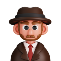 retrato de un Clásico detective con Bigote y sombrero aislado. esencial trabajadores avatar iconos caracteres para social medios de comunicación, usuario perfil, sitio web y aplicación 3d hacer ilustración. png