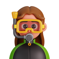 portret van een vrouw scuba duiker geïsoleerd. essentieel arbeiders avatar pictogrammen. tekens voor sociaal media en netwerken, gebruiker profiel, website en app. 3d geven illustratie. png