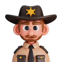 Portrait of a sheriff with hat isolated. Essential workers avatar icons. Characters for social media and networking, user profile, website and app. 3d Render illustration. png