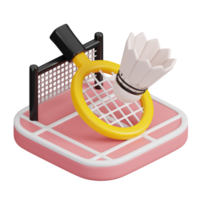 Badminton racquet with shuttlecock on court isolated. Sports, fitness and game symbol icon. 3d Render illustration. png