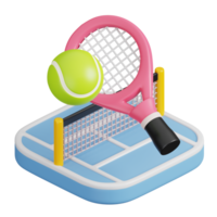 Tennis Schläger mit Ball auf Tennis Gericht isoliert. Sport, Fitness und Spiel Symbol Symbol. 3d machen Illustration. png