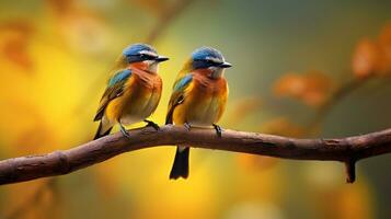 AI Generative Couple of Beautiful birds Bluefronted Redstart Phoenicurus frontalis standing on a branch photo