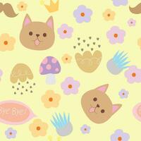 seamless pattern with cats and flowers on a yellow background vector